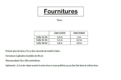 Tableau des fournitures pour Jupe "Lunapé" du 32 au 60 avec tailles et métrages de tissu.