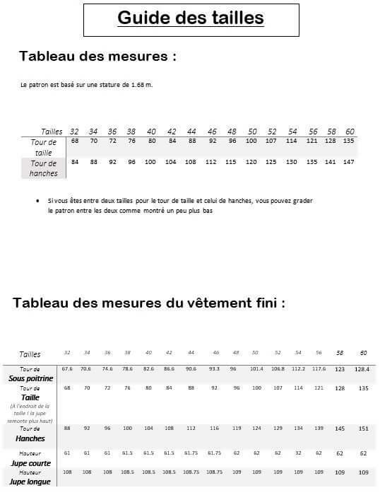 Guide des tailles pour Jupe "Lunapé" du 32 au 60, patron de couture pdf à télécharger, tableau des mesures, tour de taille et hanches.