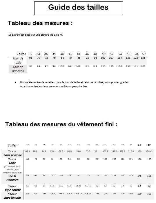 Guide des tailles pour Jupe "Lunapé" du 32 au 60, patron de couture pdf à télécharger, tableau des mesures, tour de taille et hanches.