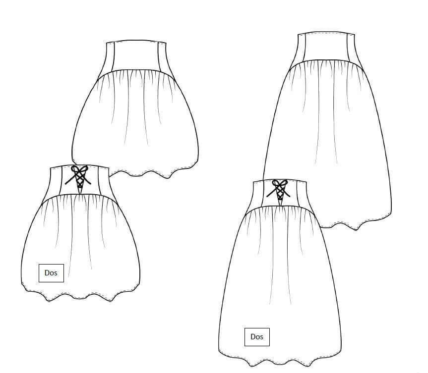 Illustration du patron de couture PDF à télécharger de la Jupe "Lunapé" du 32 au 60, vue de dos avec laçage style bustier.