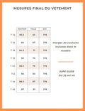 Tableau des mesures finales pour la jupe Suzie, taille T32 à T46, incluant marges de coutures.