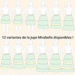 Illustration de 12 variantes de la Jupe bohème Mirabelle, patron de couture pdf à télécharger en tailles 34 à 56.