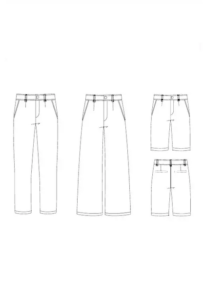 KAKI - Le pantalon chino, patron de couture pdf à télécharger, options droit et large avec poches italiennes et passepoilées.