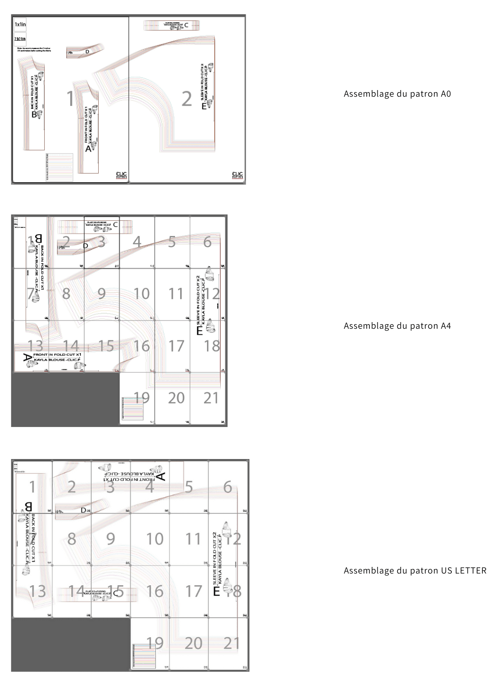 Patron de couture pdf à télécharger pour KAYLA Chemisier-taille de 30 à 58 EU, montrant l'assemblage sur différents formats de page.