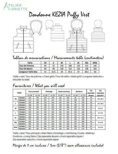 Guide des tailles et fournitures pour le KEZIA - Doudoune sans manches mixte pour adultes du XS au XXXL, patron de couture PDF à télécharger.