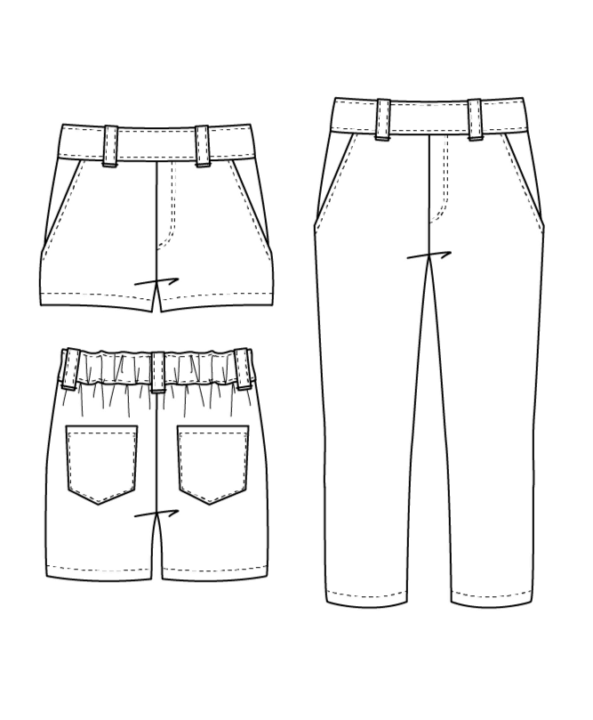 Illustration de KUMQUAT - Le short / bermuda / pantalon, patron de couture pdf à télécharger avec ceinture élastiquée.