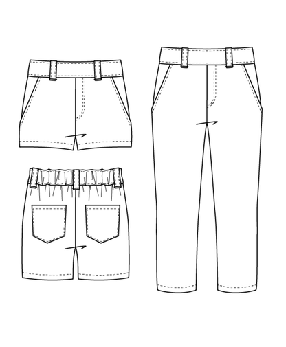 Illustration de KUMQUAT - Le short / bermuda / pantalon, patron de couture pdf à télécharger avec ceinture élastiquée.