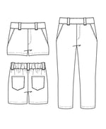 Illustration de KUMQUAT - Le short / bermuda / pantalon, patron de couture pdf à télécharger avec ceinture élastiquée.