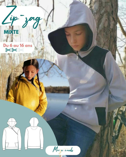 LE SWEAT ZIP ZAG 6- 16 ans, sweat mixte avec zip diagonal, patron pdf à télécharger.