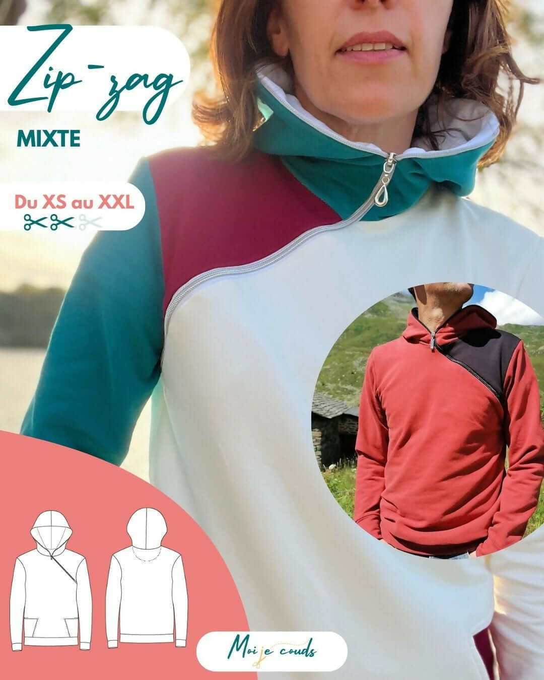 LE SWEAT ZIP ZAG du XS au XXL, sweat mixte avec zip diagonal, patron pdf à télécharger.