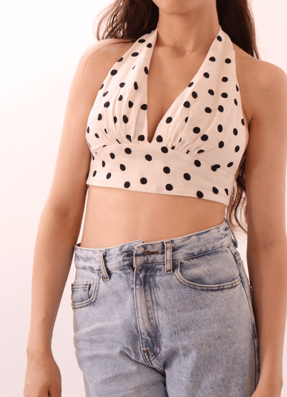 Halter crop top en pois, modèle LUNA top- 15 taille de 30 à 58 EU, patron de couture pdf à télécharger.