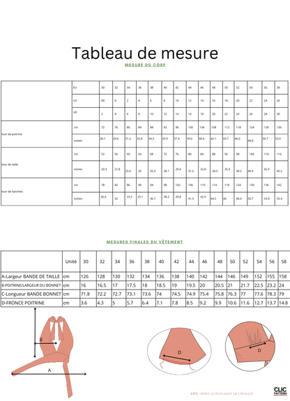 Tableau de mesures pour le LUNA top- 15 taille de 30 à 58 EU, patron de couture pdf à télécharger, avec schéma explicatif.
