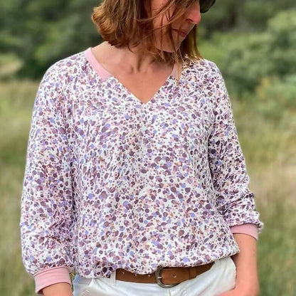 La Blouse CYCLADINE du 34 au 52, blouse femme sport-chic avec motifs, patron de couture pdf à télécharger.