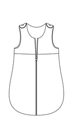 Diagramme du patron de La Gigoteuse avec Ouverture Centrale, patron de couture pdf à télécharger pour bébé et enfant, 4 tailles incluses.