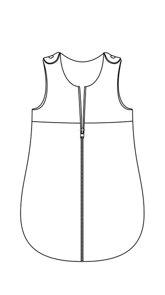 Diagramme du patron de La Gigoteuse avec Ouverture Centrale, patron de couture pdf à télécharger pour bébé et enfant, 4 tailles incluses.
