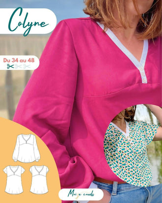 La blouse COLYNE du 34 au 48 avec encolure en maille et boutons, patron de couture pdf à télécharger.
