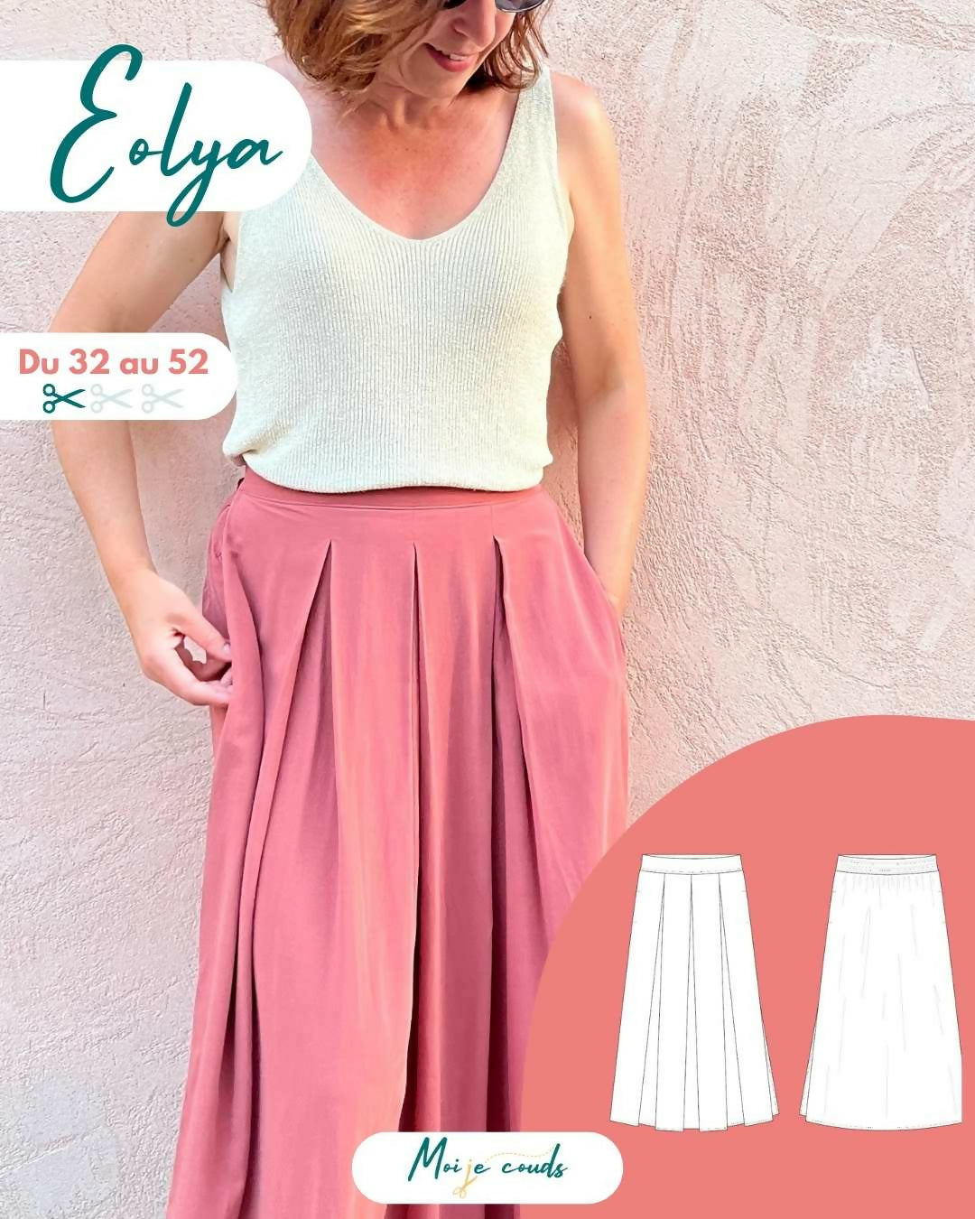 La jupe EOLYA du 32 au 52, patron de couture pdf à télécharger, jupe longue élégante avec plis creux et ceinture élastiquée.