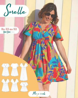 Modèle de robe colorée Sorelle du 32 au 52 avec patron de couture pdf à télécharger.