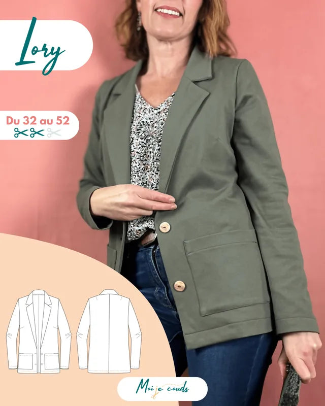 La veste Lory du 32 au 52, modèle moderne en jersey, patron de couture pdf à télécharger.