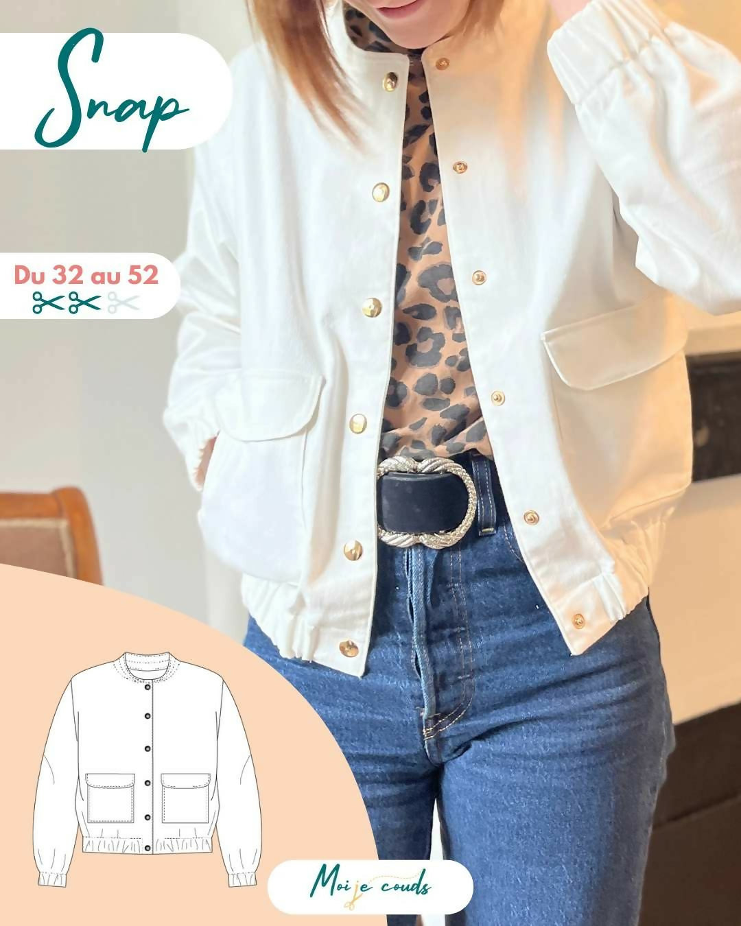 La veste Snap du 32 au 52, patron de couture pdf à télécharger, style contemporain avec poches, col surpiqué, et coupe décontractée.