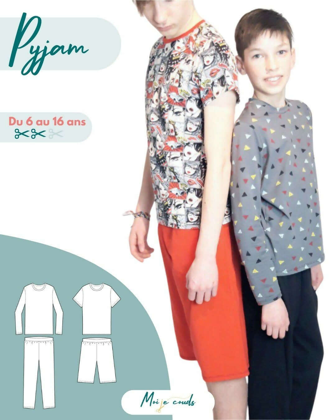 Le PYJ'AM du 6 au 16 ans, patron PDF à télécharger, modèle de pyjama pour enfants avec t-shirt et pantalon.