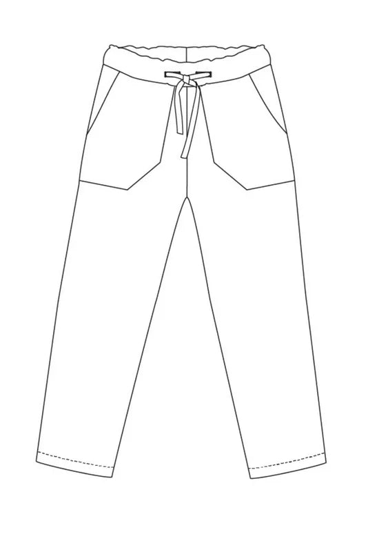 Le Pantalon Chambarand en 13 tailles, patron de couture pdf à télécharger pour bébés et enfants, 12 mois à 14 ans, illustration du modèle.