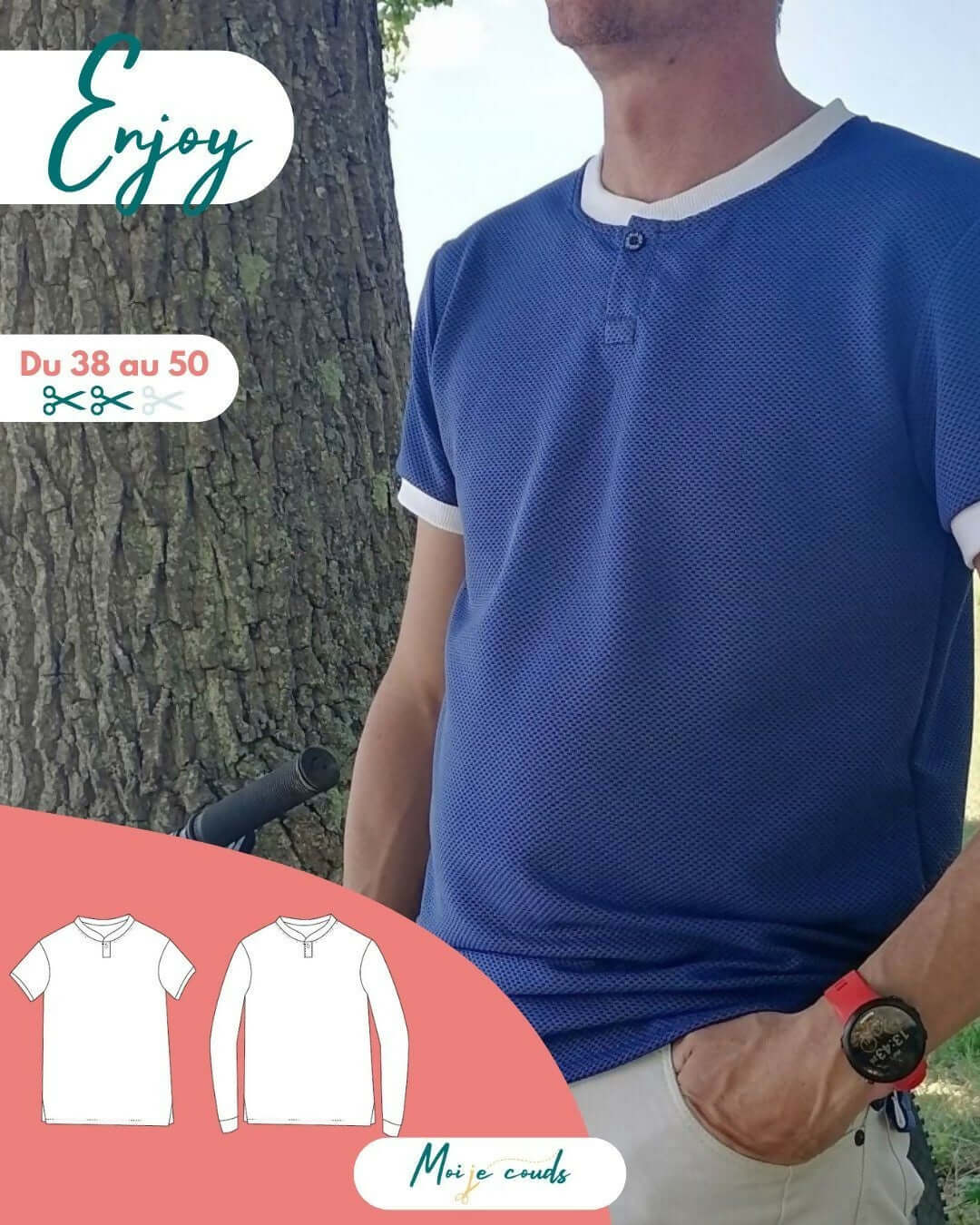 Le Polo Enjoy Homme du 38 au 50 sur un homme, style décontracté, patron PDF à télécharger.