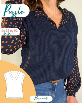 Le Pull Puzzle du 32 au 52 - Pull sans manches, patron pdf à télécharger, facile à porter sur vos chemisiers.