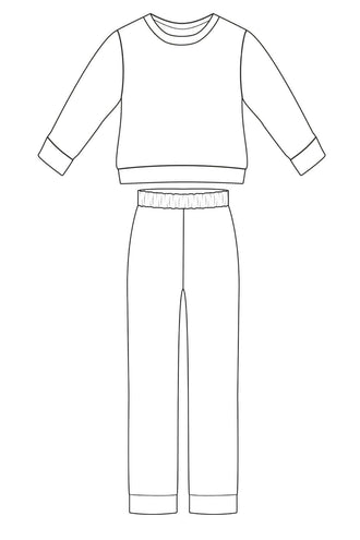 Modèle de pyjama Chaource pour enfant avec pantalon et tee-shirt, disponible en plusieurs tailles avec guide explicatif en couleurs.