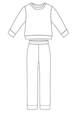 Modèle de pyjama Chaource pour enfant avec pantalon et tee-shirt, disponible en plusieurs tailles avec guide explicatif en couleurs.
