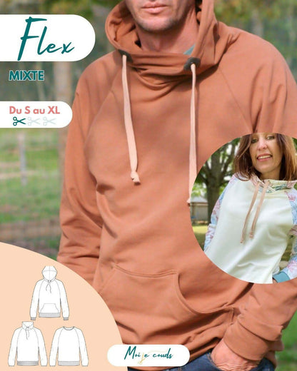 Le SWEAT FLEX adulte mixte du S au XL, modèle avec capuche et manches raglan en tissu extensible.