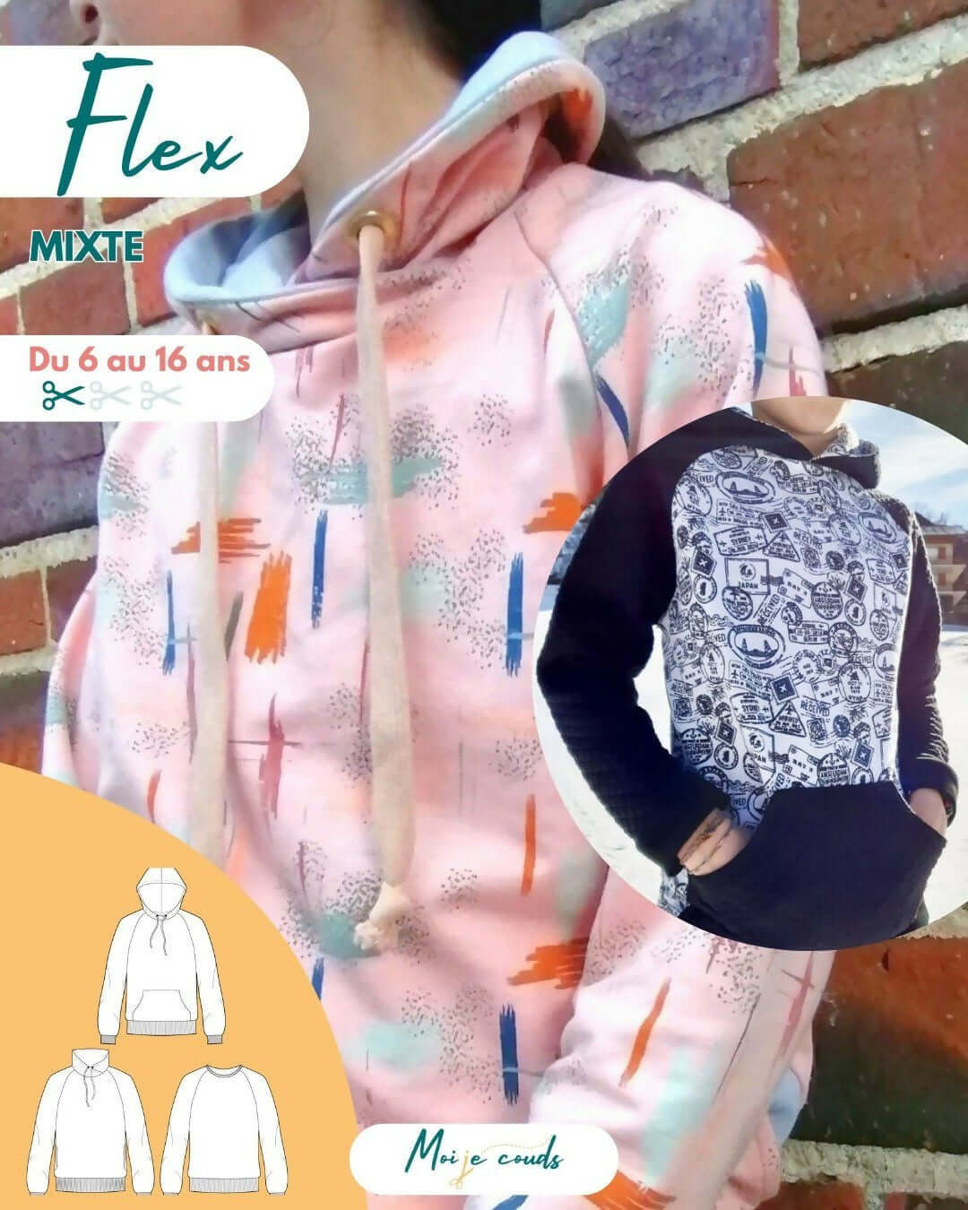 Le SWEAT FLEX du 6 au 16 ans avec des designs variés, modèle mixte à télécharger patron PDF.
