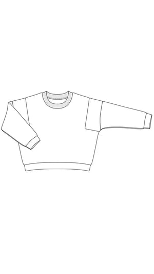 Patron de couture PDF Le Sweat Dreams de 6 mois à 6 ans, style années 80/90, à télécharger avec 8 tailles incluses pour bébés et enfants.