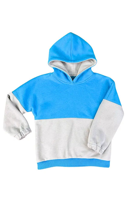 Le Sweat Rollot pour enfant en bleu et gris, patron de couture pdf à télécharger pour plusieurs tailles.