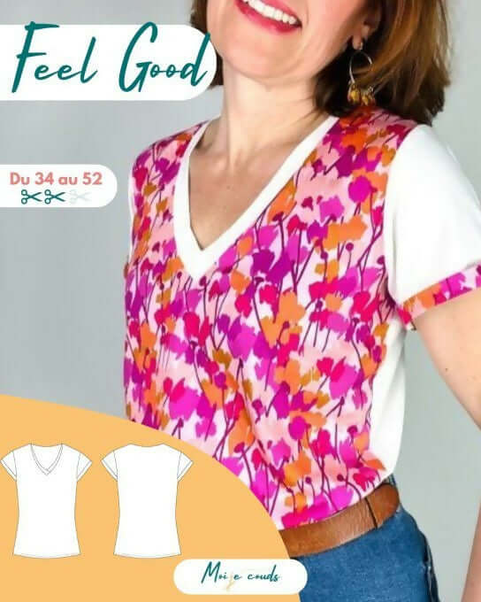 Le T-shirt Feel Good du 34 au 52 avec son encolure originale et design coloré, patron de couture pdf à télécharger.