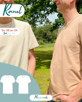 Le T-shirt Raoul du 38 au 54, modèle homme en col rond et col V, option patron pdf à télécharger.