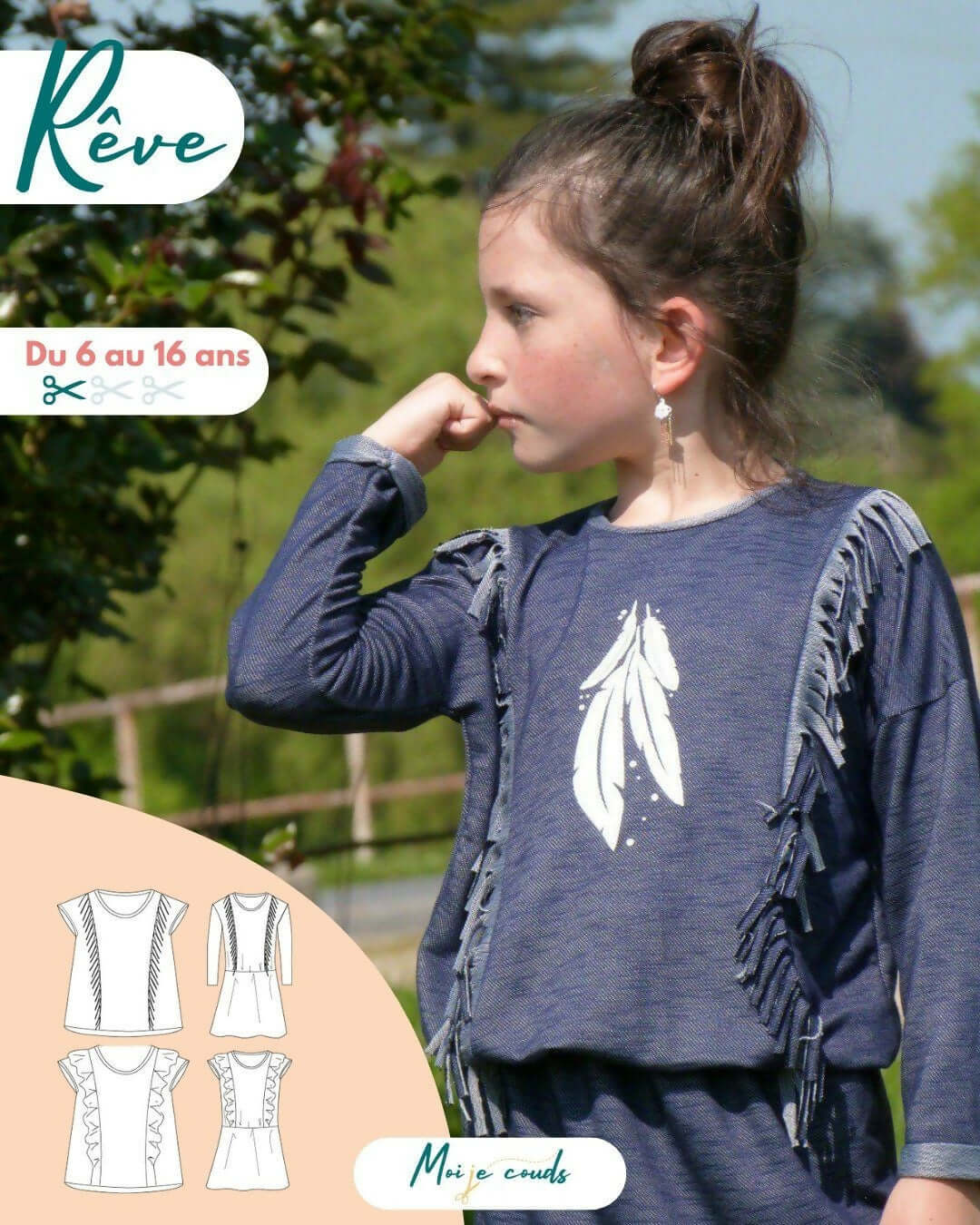 Le T-shirt et la Robe Rêve du 6 au 14 ans avec franges, disponible en patron PDF à télécharger.