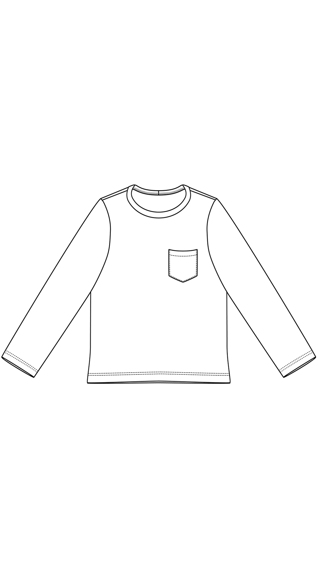 Illustration du patron de couture PDF pour Le T-shirt manches longues à télécharger, idéal pour 9 tailles d'enfant.