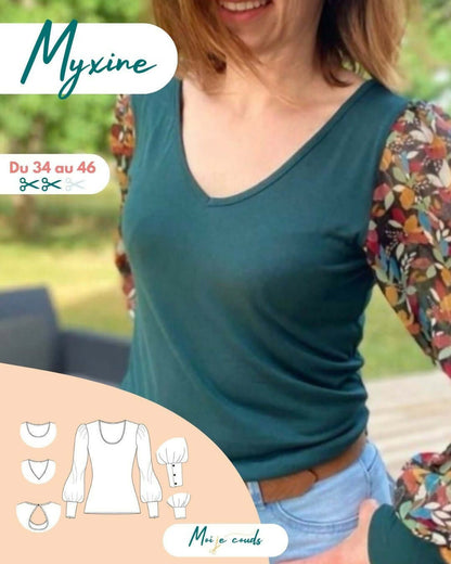 Le Top MYXINE du 34 au 46, top en maille près du corps avec manches bouffantes, patron pdf à télécharger.