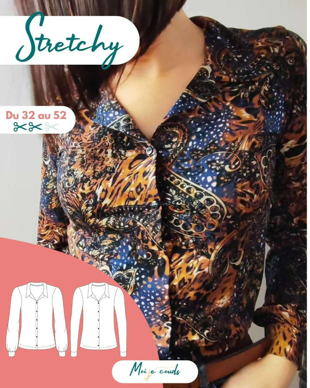 Le chemisier STRETCHY du 32 au 52 : élégant et confortable, patron pdf à télécharger, manches froncées ou droites.