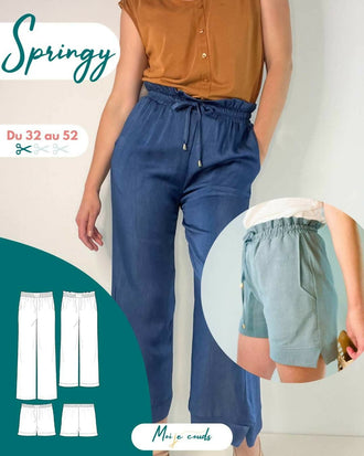 Le pantalon ou short Springy du 32 au 52, patron de couture pdf à télécharger, montrant des modèles bleus avec ceinture élastiquée.