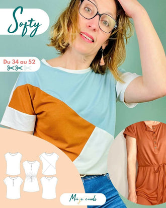 Le t-shirt et la robe Softy du 34 au 52, patron de couture pdf à télécharger, t-shirt color-block et robe pour l'été