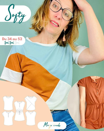 Le t-shirt et la robe Softy du 34 au 52, patron de couture pdf à télécharger, t-shirt color-block et robe pour l'été