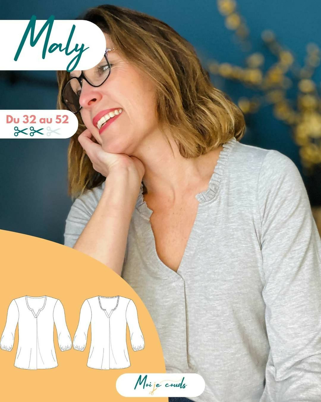 Le top Maly du 32 au 52 en jersey, patron de couture pdf à télécharger, modèle féminin avec col froufrou et manches 3/4.