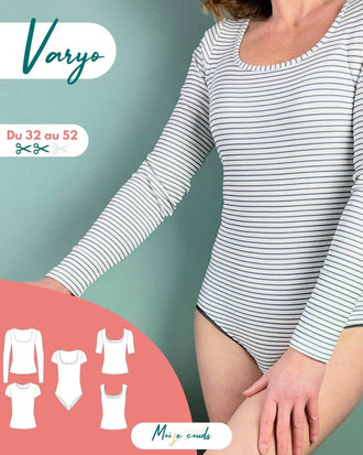 Le top ou body Varyo du 32 au 52, patron de couture pdf à télécharger, femme portant body rayé, options de manches et encolures.