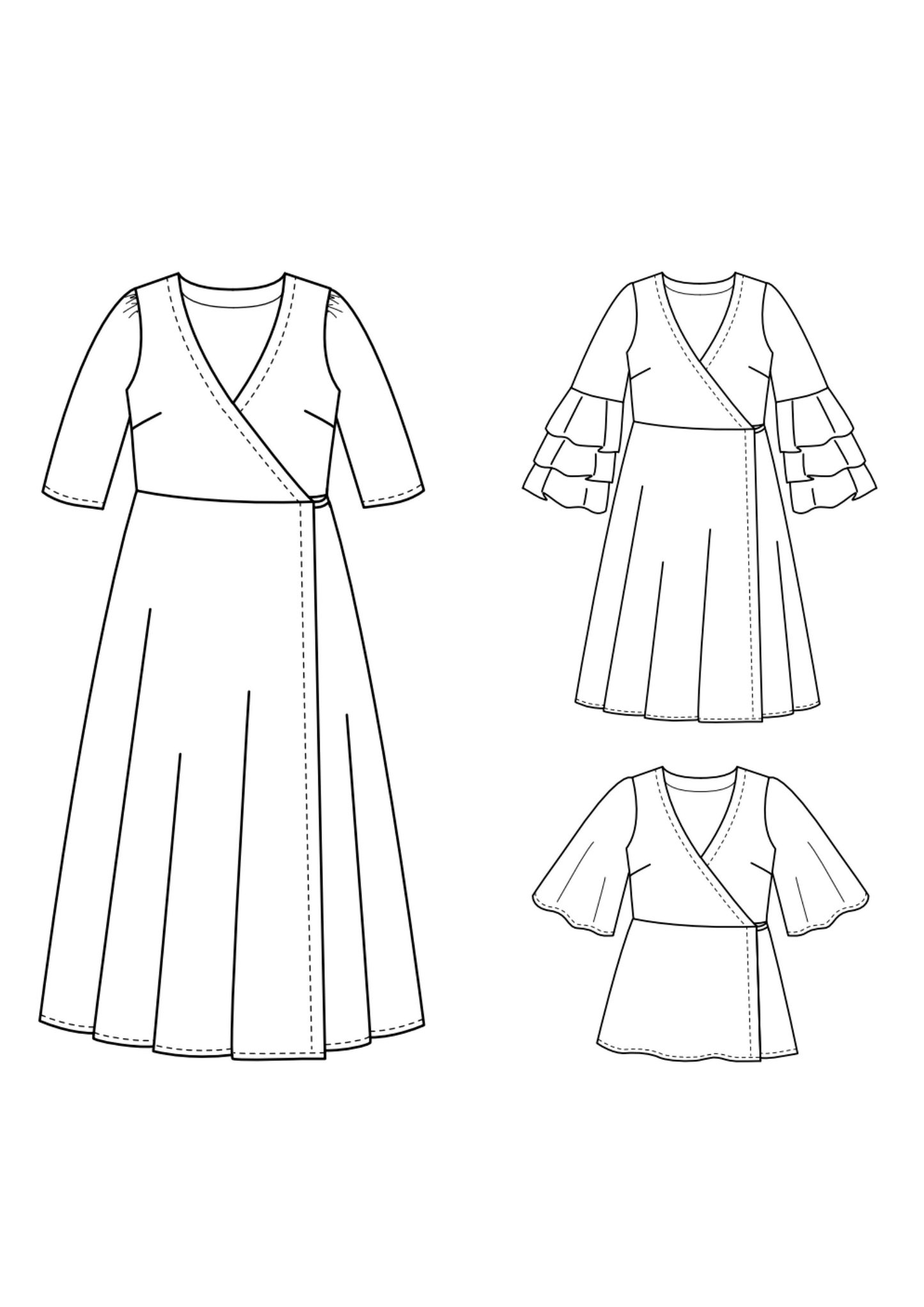 Illustration du patron de couture pdf à télécharger MANDARINE : la robe / blouse portefeuille avec plusieurs options de manches.