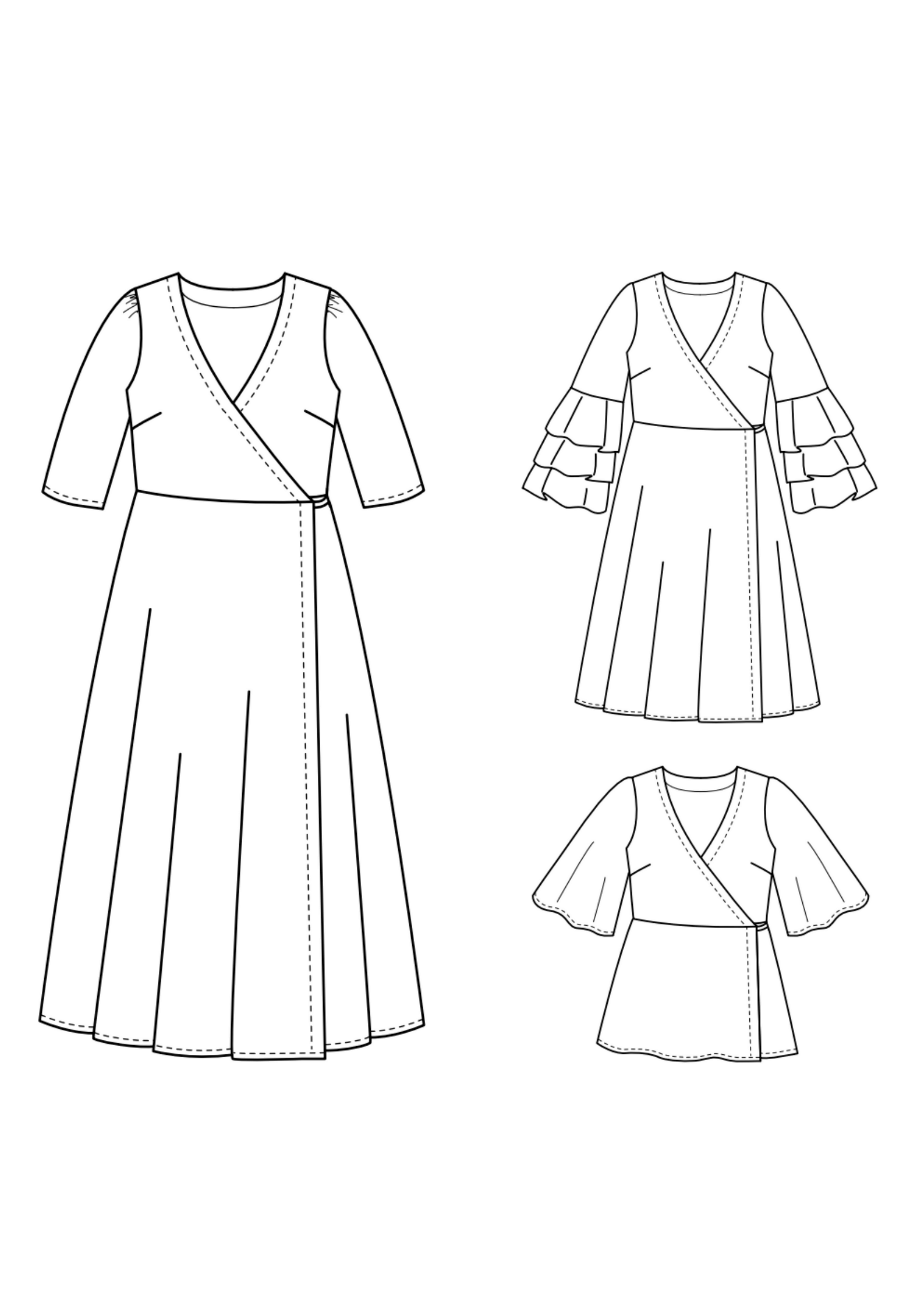 Illustration du patron de couture pdf à télécharger MANDARINE : la robe / blouse portefeuille avec plusieurs options de manches.