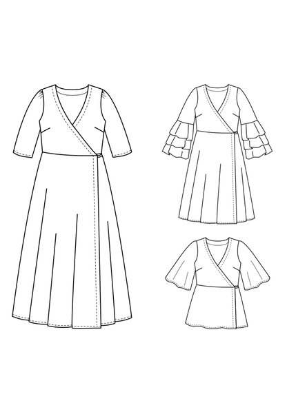 Illustration du patron de couture pdf à télécharger MANDARINE : la robe / blouse portefeuille avec plusieurs options de manches.