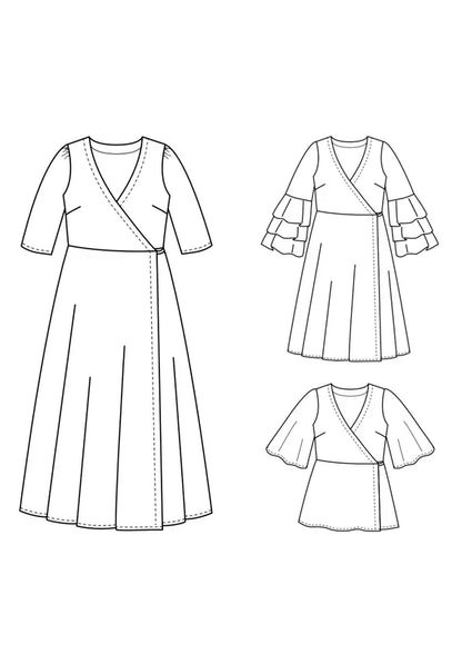 Illustration du patron de couture pdf à télécharger MANDARINE : la robe / blouse portefeuille avec plusieurs options de manches.