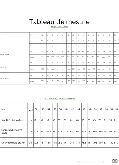 Tableau de mesure pour MANTEAU MILDA- 15 taille de 30 à 58 EU, patron de couture pdf à télécharger.